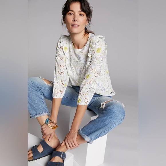 Anthropologie Greylin Piper Eyelet Lace Blouse Size XS Cottagecore Ruffled.   2 - Picture 3 of 9